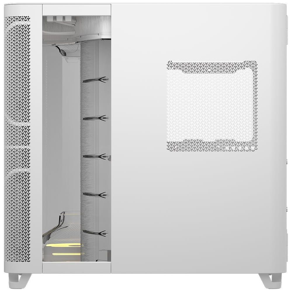 Case per computer bianco con pannello laterale traforato e motivo grafico.