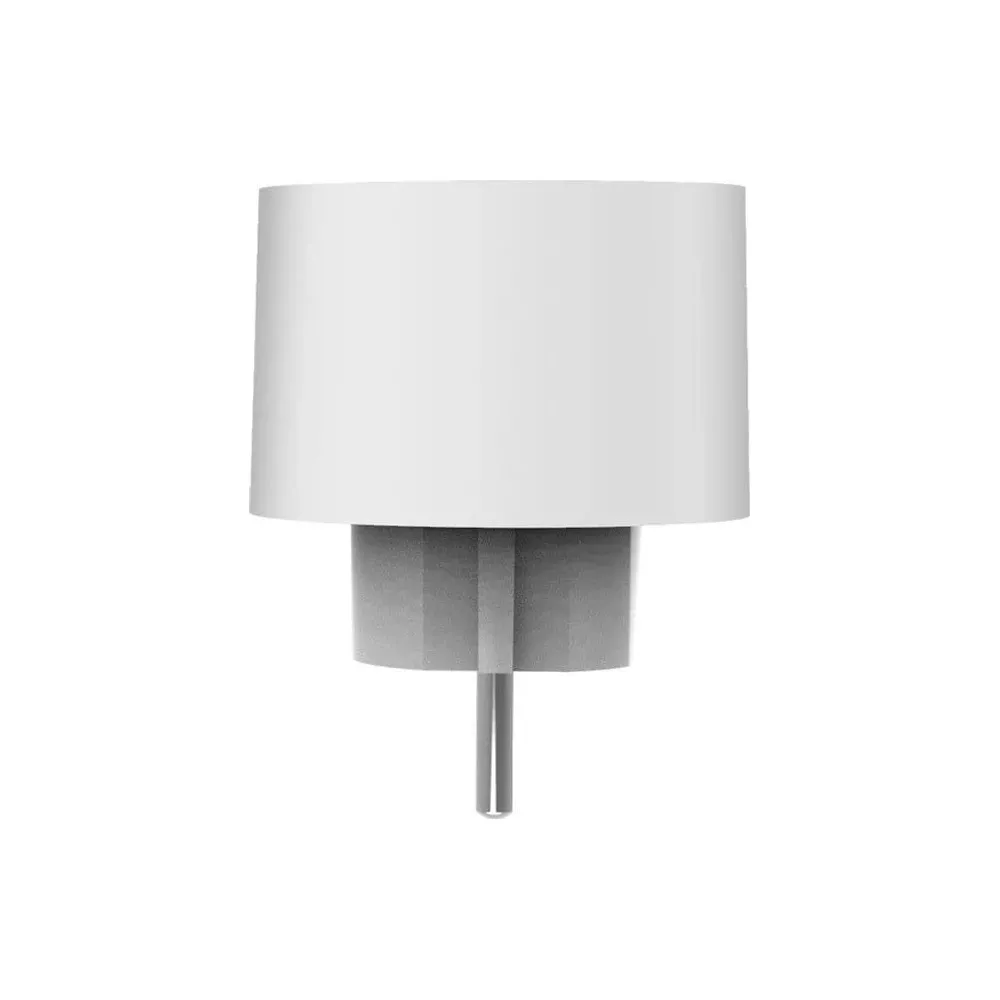 Eine weiße Lampe mit einem grauen Sockel auf einem Metallstab.