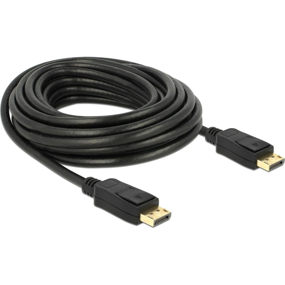 Czarny, zwinięty kabel DisplayPort z dwoma czarnymi złączami i złotymi stykami.
