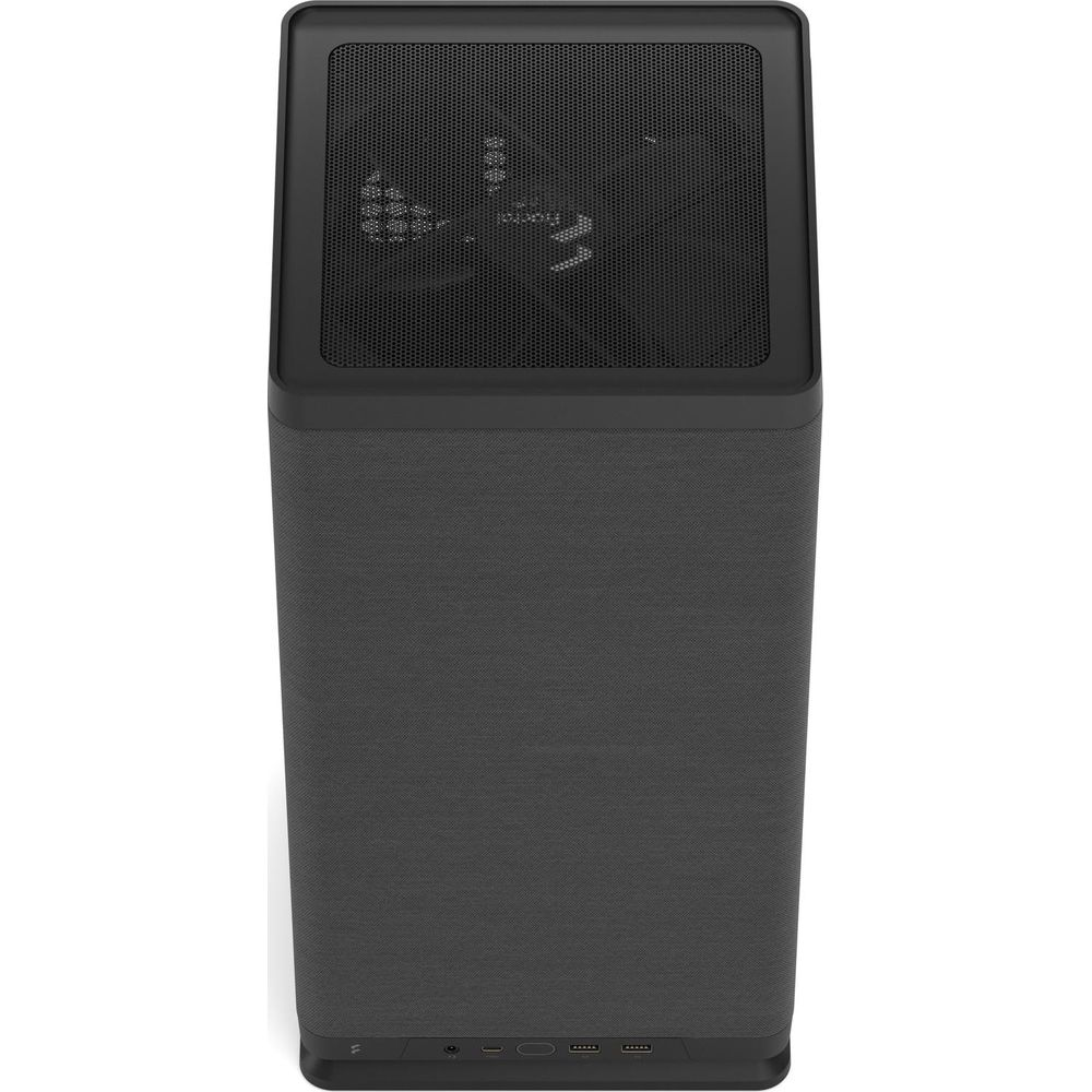 Wysoki, ciemnoszary głośnik z siatkowym blatem i materiałowymi bokami. Widoczne porty na dole.