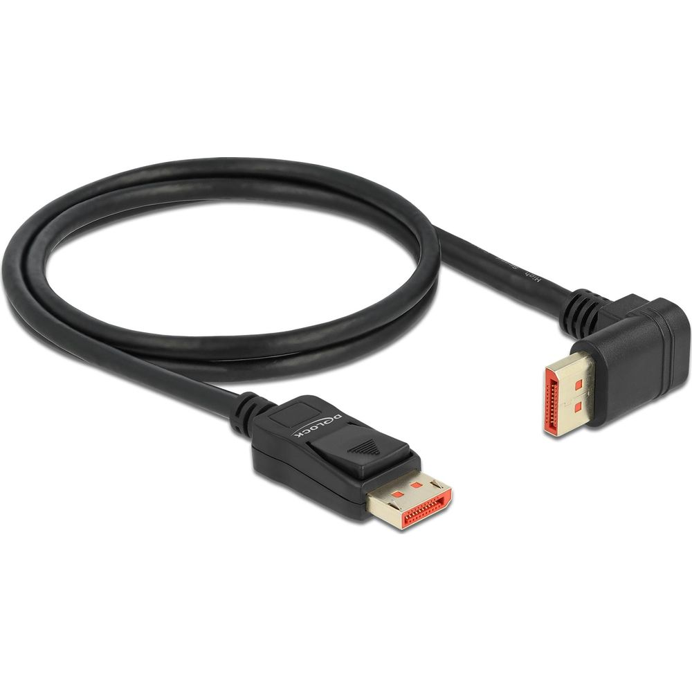 Un cavo nero con due connettori DisplayPort, uno dritto e uno angolato.