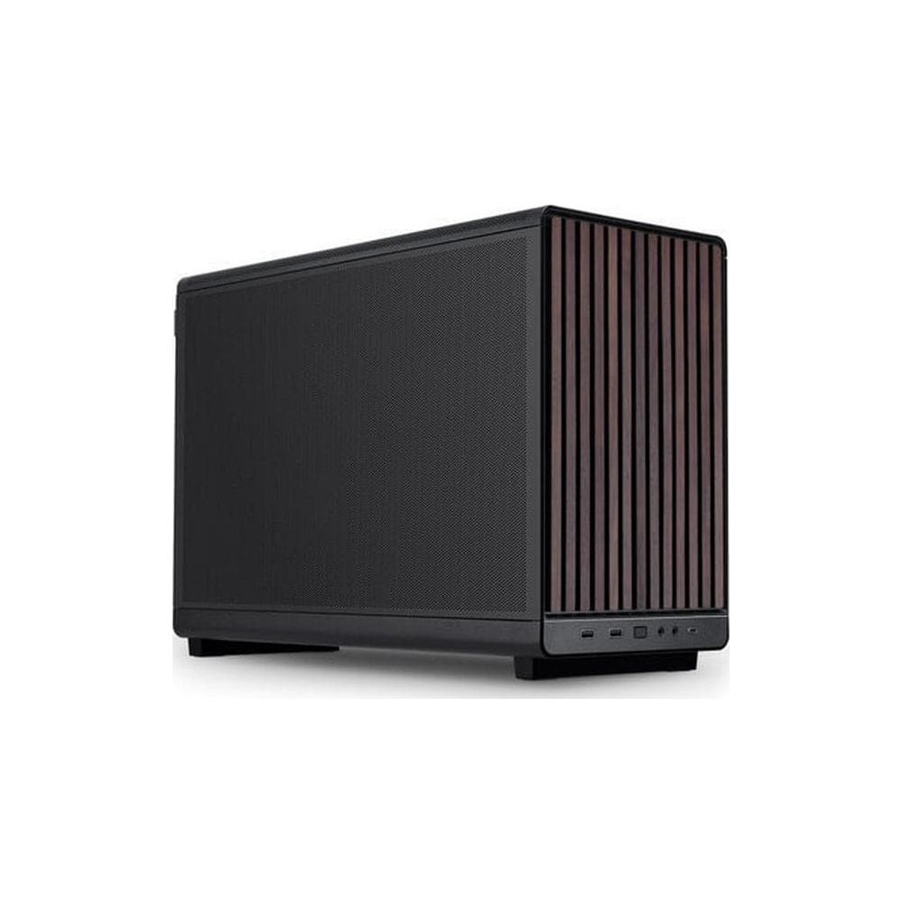 Czarna obudowa komputera z pionowymi drewnianymi listwami na panelu przednim.