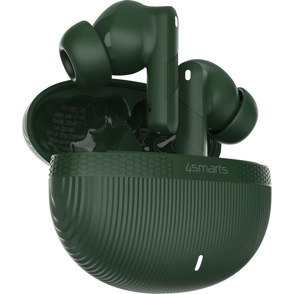 Ciemnozielone słuchawki bezprzewodowe z etui ładującym, marka 4smarts.