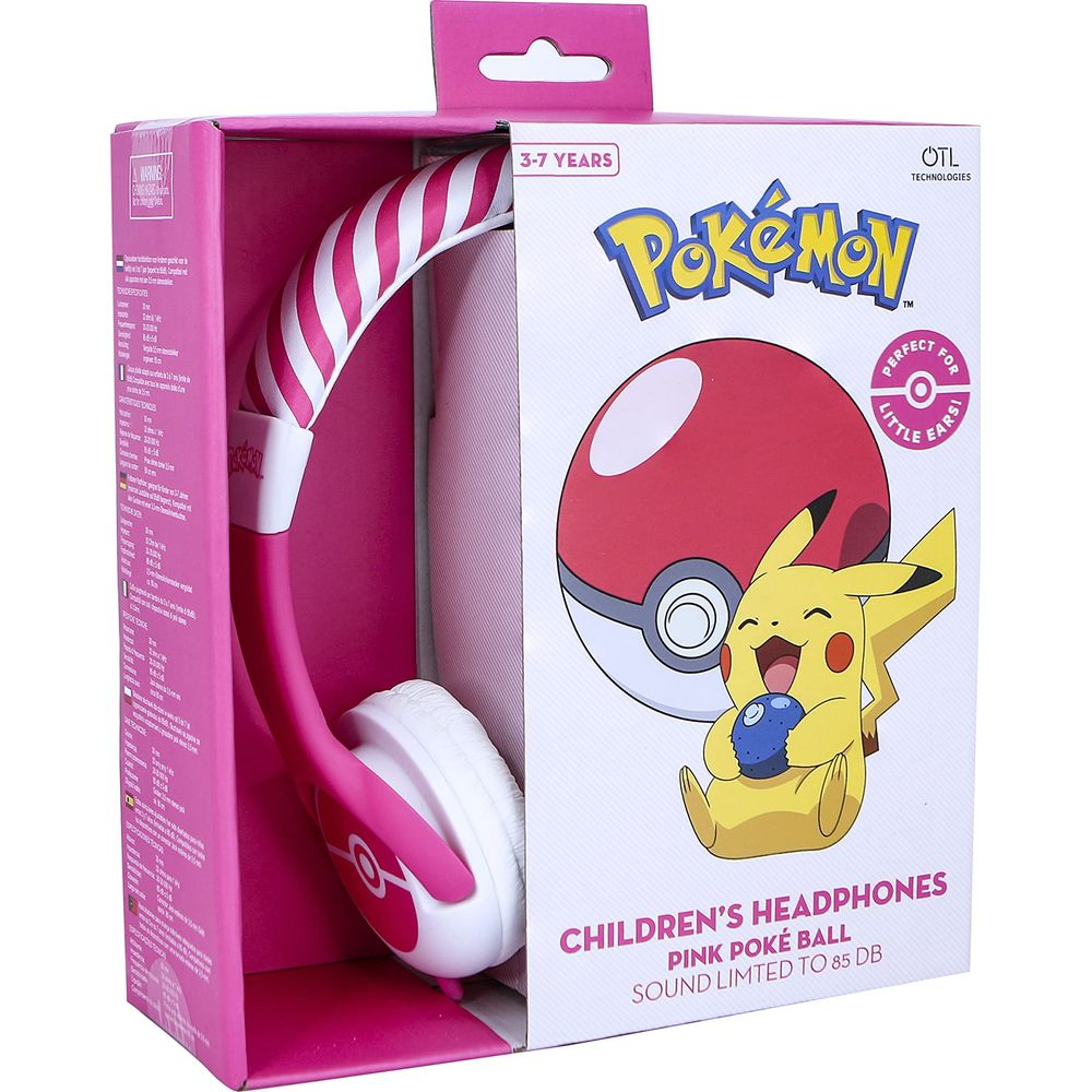Casque rose Pokémon avec Pikachu et design Poké Ball, pour 3-7 ans.