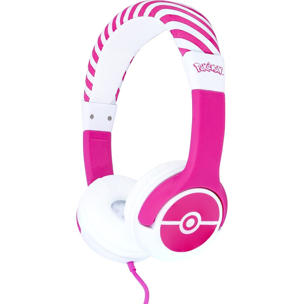 Casque Pokémon rose et blanc à rayures sur l'arceau.