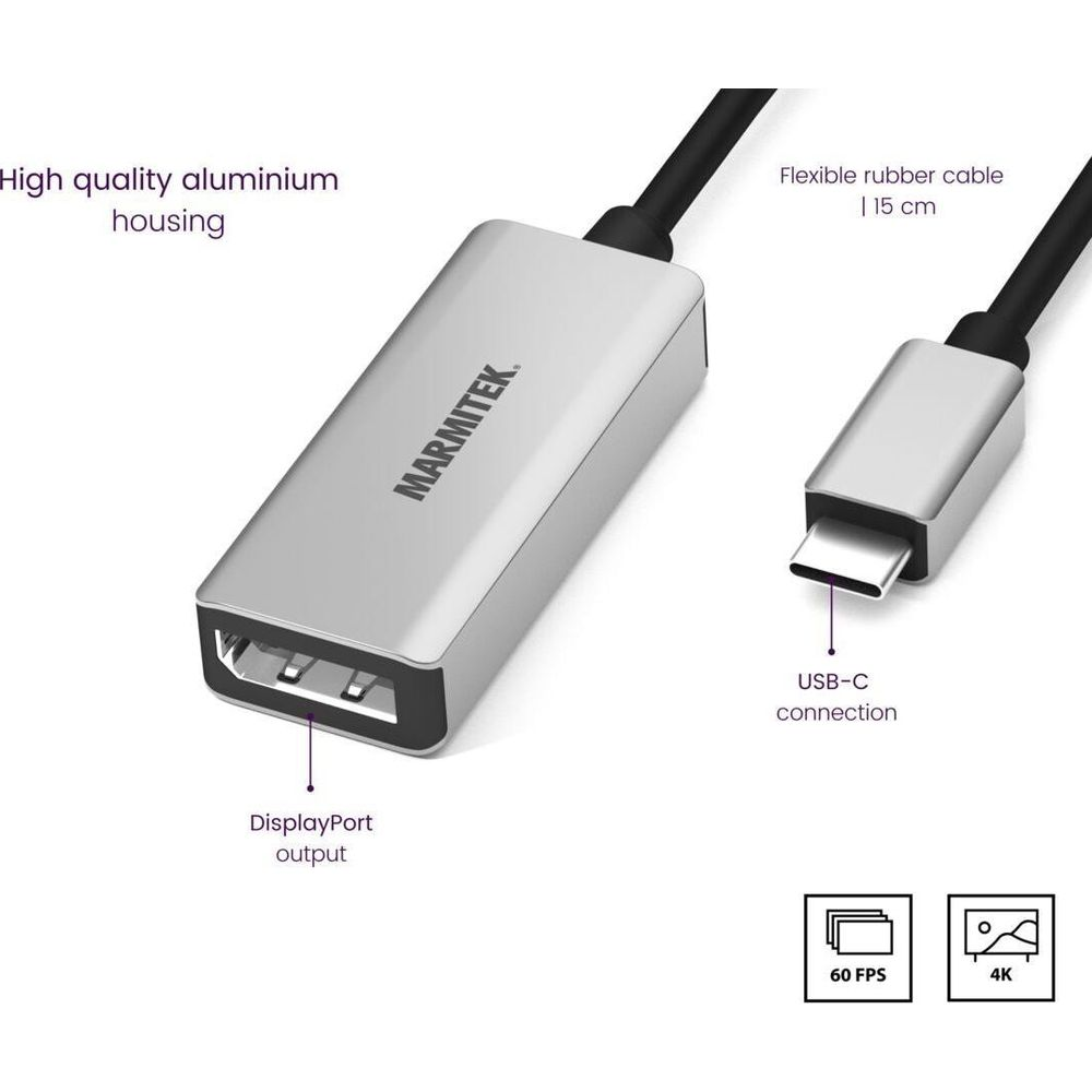 Adaptateur Marmitek : sortie DisplayPort vers USB-C. Boîtier aluminium, câble 15cm.