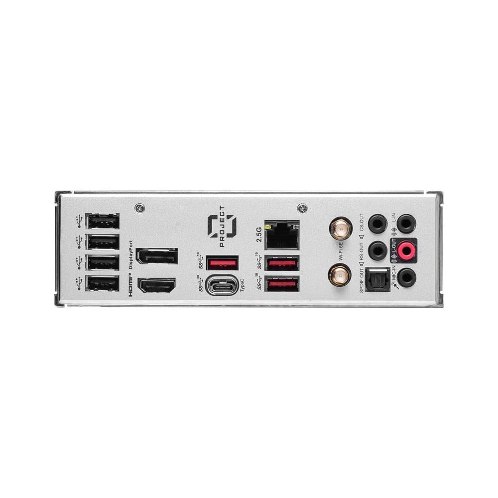Rückseite eines Motherboards mit Anschlüssen: USB, HDMI, DisplayPort, Ethernet, Wi-Fi und Audio.
