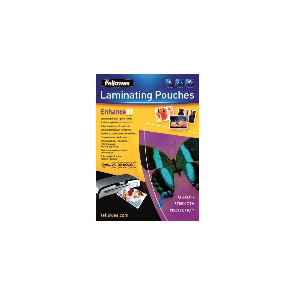 Verpackung von Fellowes Laminierfolien mit einem Schmetterling, Fotos und einem Laminator auf weißem Hintergrund.