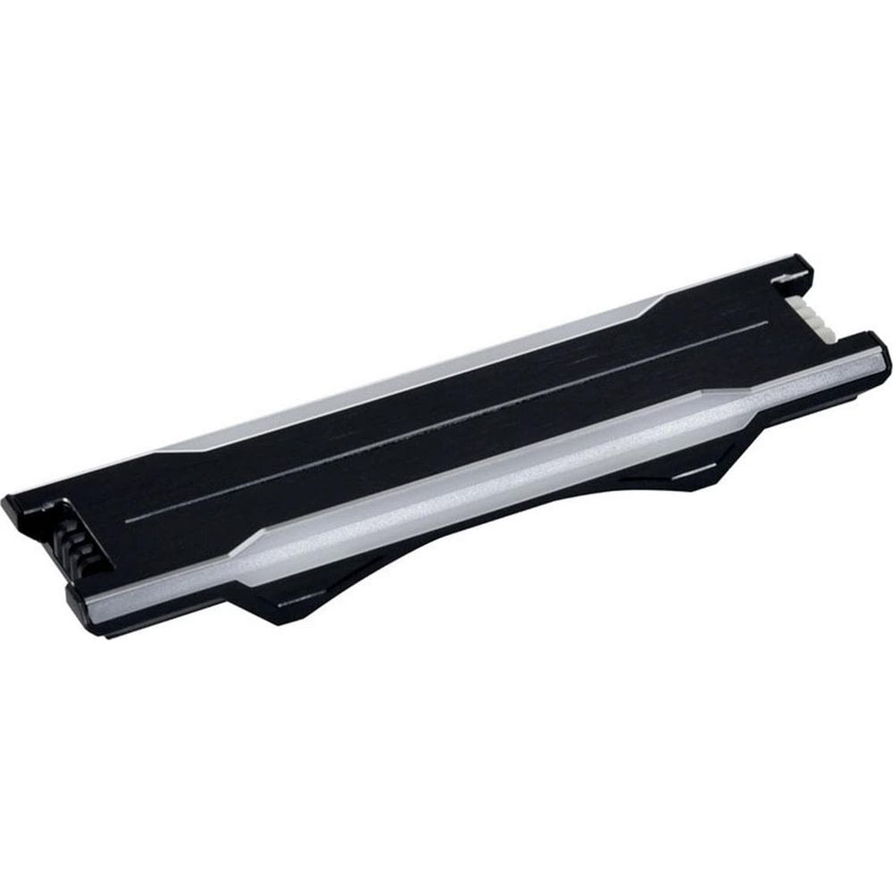 Oggetto futuristico nero e argento su sfondo bianco.