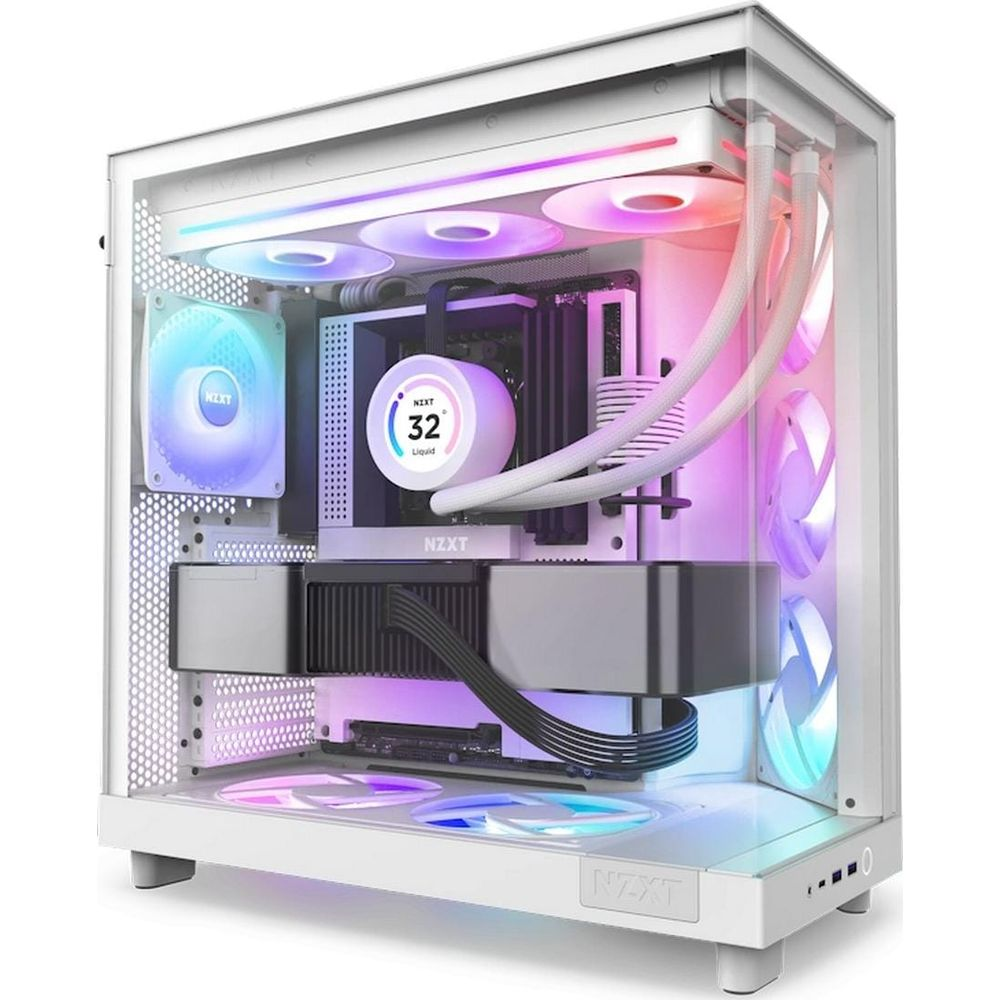 Un case PC bianco con ventole RGB e raffreddamento a liquido.