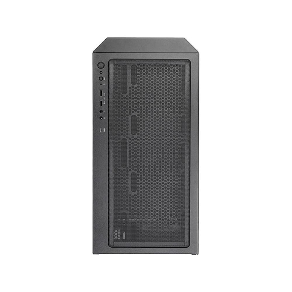 Una torre PC scura con pannello frontale forato e porte.