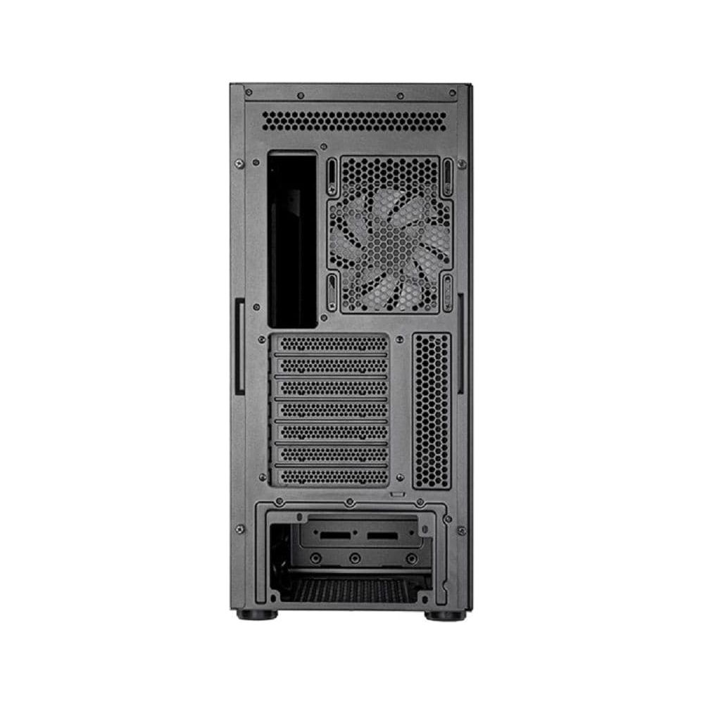 Vista posteriore di un case per computer scuro con ventole e fessure.