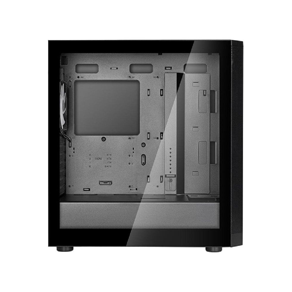 Case PC nero aperto con pannello laterale in vetro. Vista interna mostra supporti.