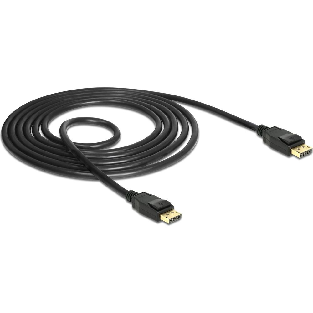 Czarny kabel DisplayPort zwinięty na białym tle.