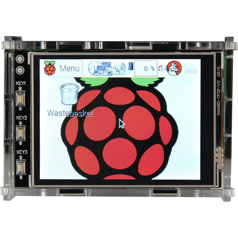 Un display touchscreen con un'icona Raspberry Pi e opzioni di menu.