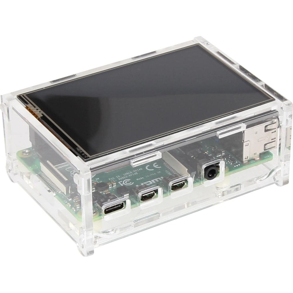 Un piccolo computer con schermo in una custodia trasparente.