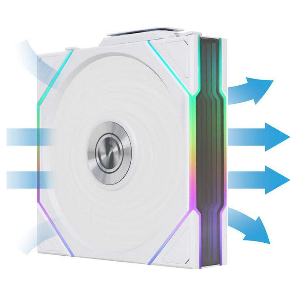 Ein weißer Lüfter mit RGB-Beleuchtung und blauen Pfeilen, die Luftstrom anzeigen.