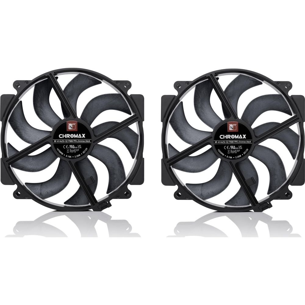 Dwa czarne wentylatory komputerowe z dziewięcioma łopatkami, obok siebie.