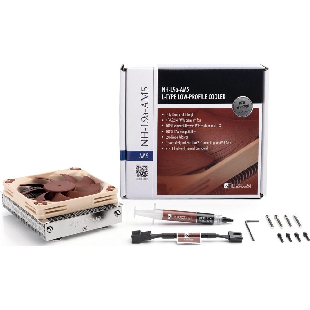 Chłodnica CPU Noctua i akcesoria, z wentylatorem, pastą termoprzewodzącą i osprzętem montażowym.
