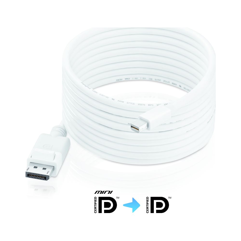 Weißes DisplayPort-Kabel mit Anschlüssen und Zertifizierungslogos.