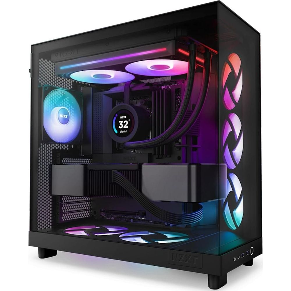 Boîtier PC noir avec ventilateurs RVB et écran d'affichage numérique.