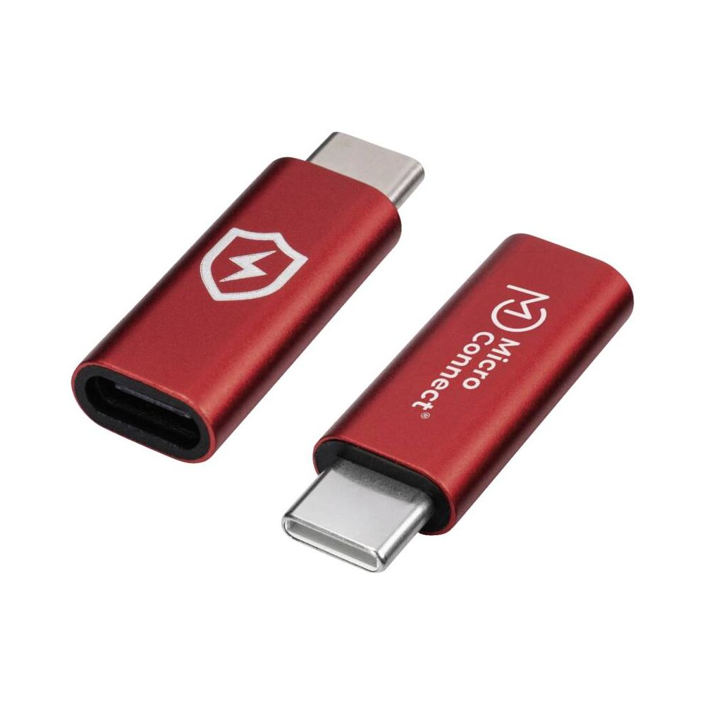 Due adattatori USB-C rossi con connettori e loghi argentati.