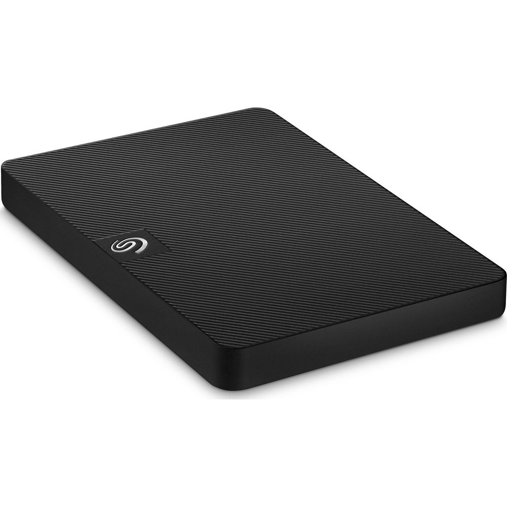 Yivli dokulu siyah harici sabit disk ve Seagate logosu.