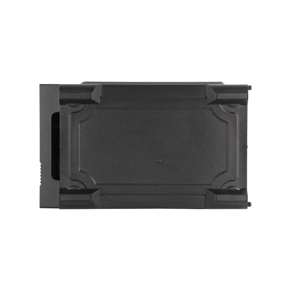 Czarna obudowa z wytłaczaną górą i otworami wentylacyjnymi po bokach. Widok z góry.