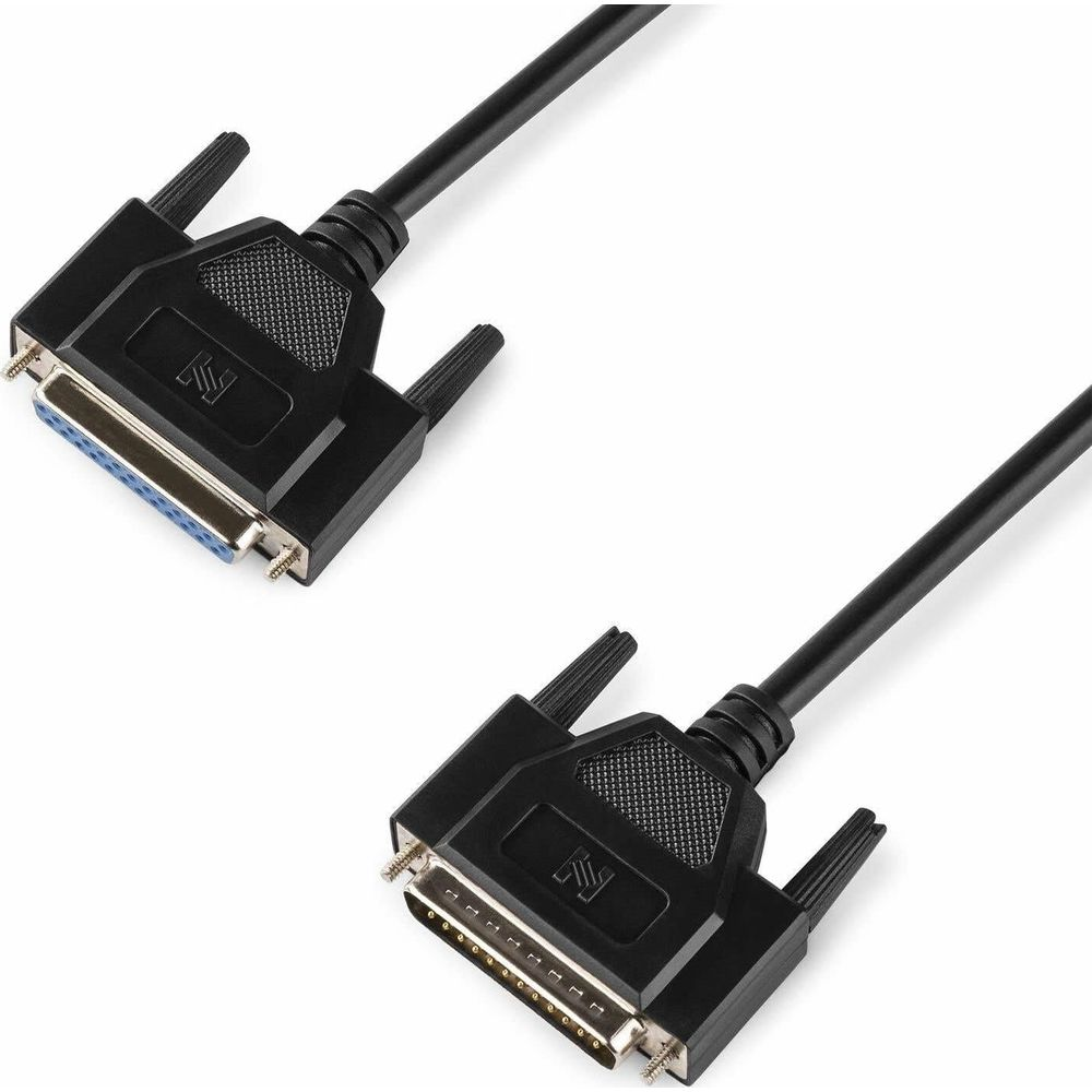Dos cables negros con conectores Centronics de 36 pines. Primer plano.