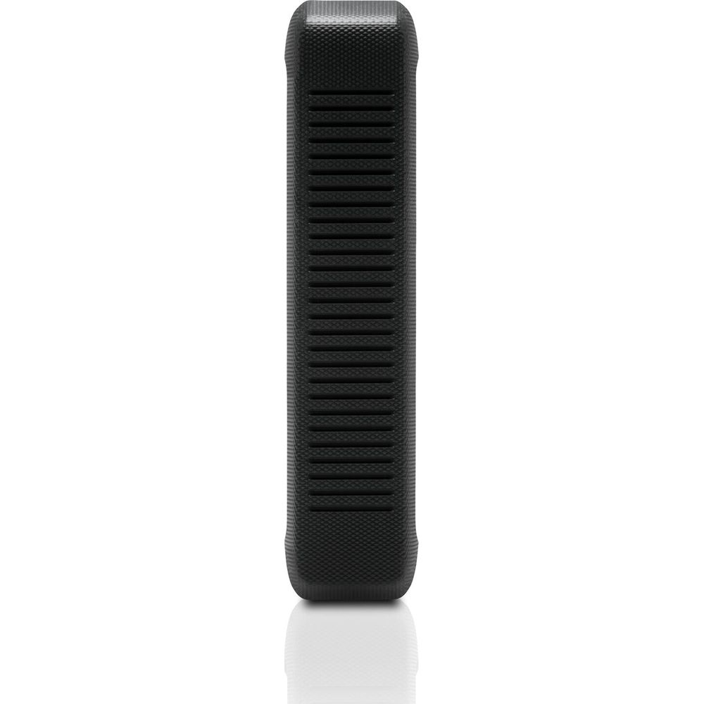 Czarno-prostokątne urządzenie z rowkowaną powierzchnią i zaokrąglonymi rogami.