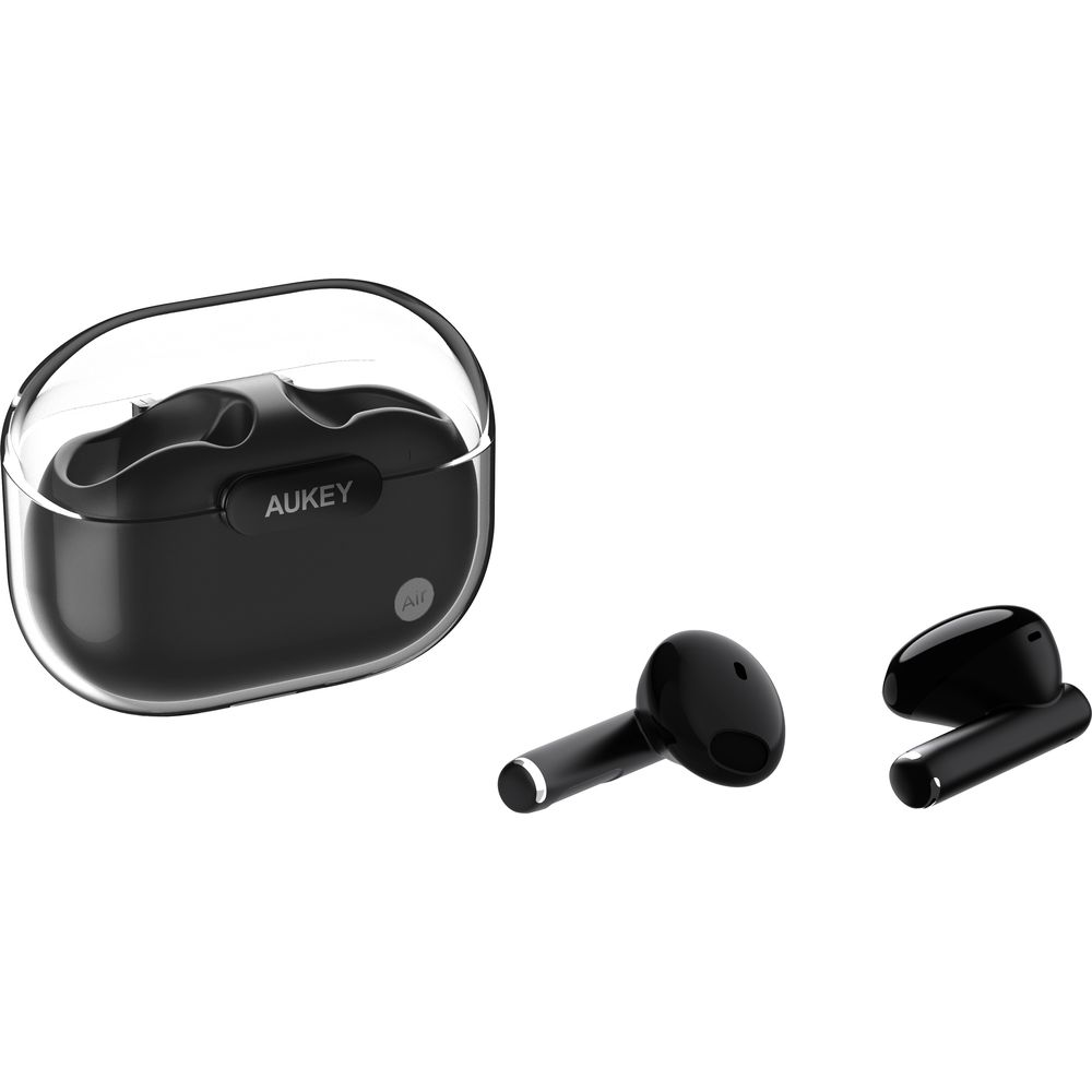 Écouteurs noirs AUKEY avec étui de chargement et deux écouteurs séparés.