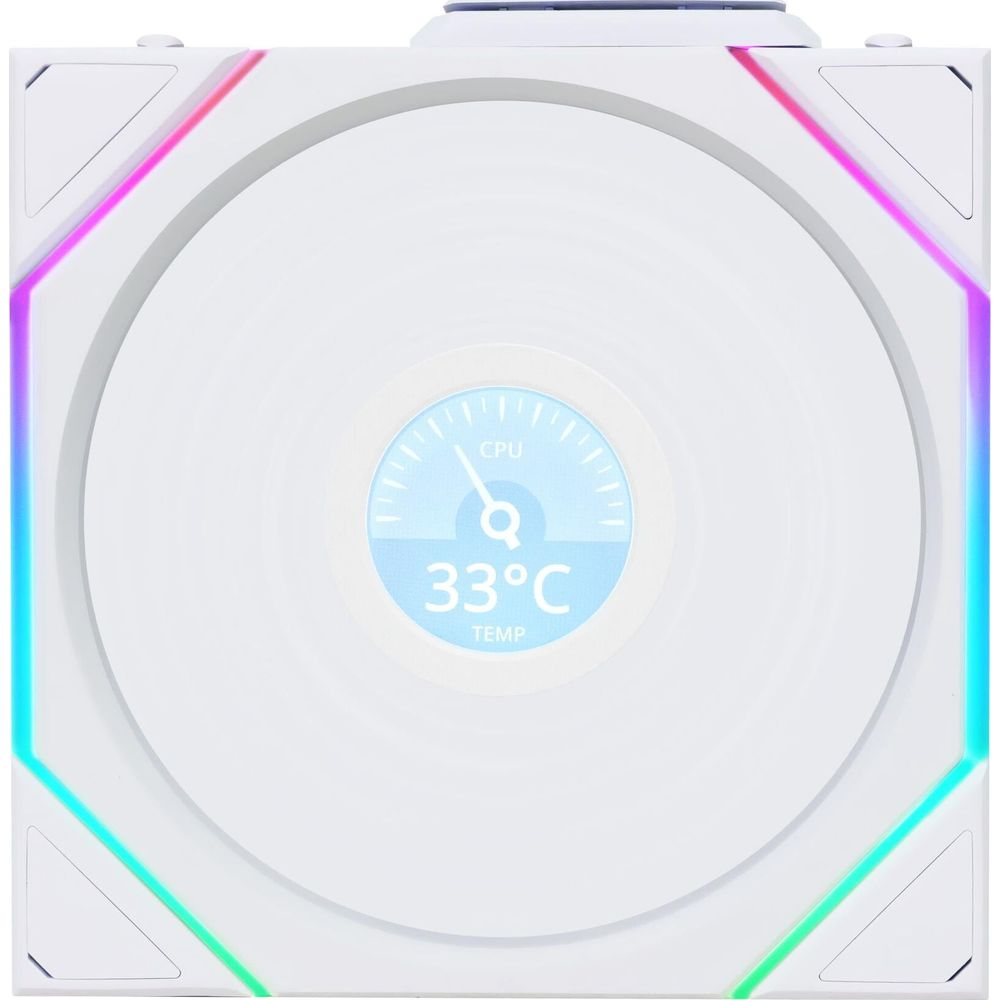 A white fan with RGB lighting displays a CPU temperature of 33°C.