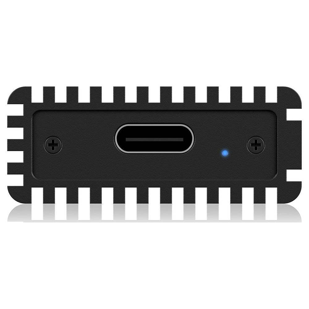 Schwarzes externes Gehäuse mit Kühlrippen und USB-C-Anschluss.