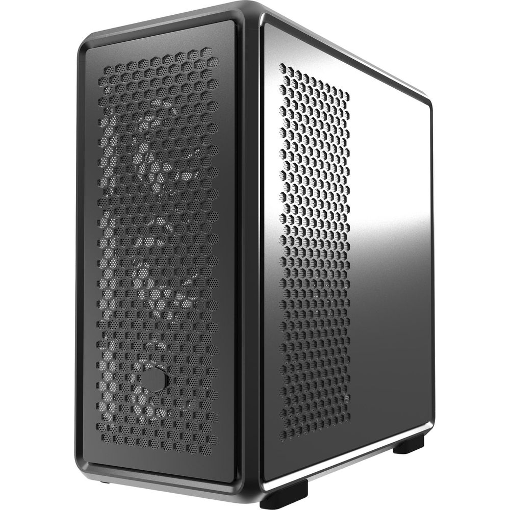 Ein schwarzes Computergehäuse mit einer perforierten Vorderseite und einer glatten Seitenwand.