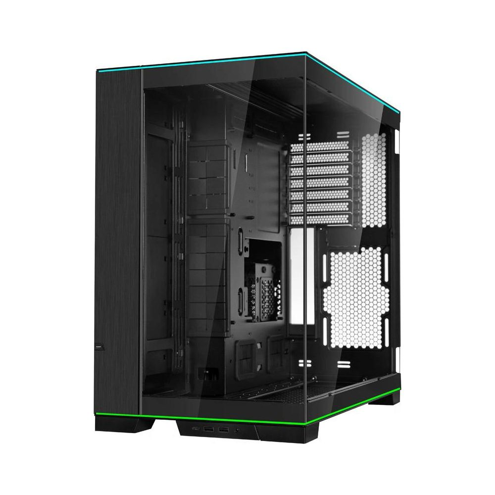 Czarna obudowa komputera z szklanymi panelami i zielonymi akcentami.