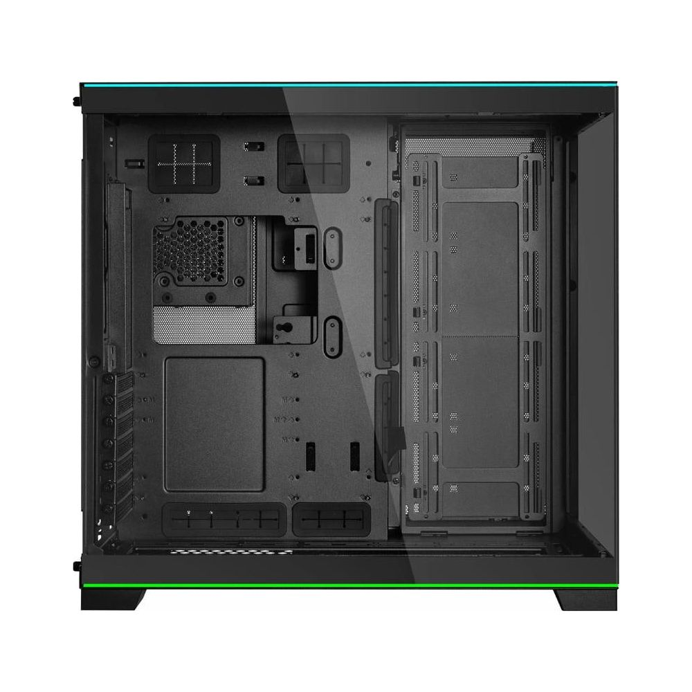 Czarna obudowa komputera z szklanym frontem i zielonymi akcentami, widok wnętrza.