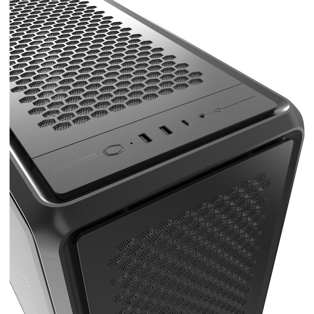 Schwarzes PC-Gehäuse mit Wabenmuster-Lüftungsgitter und Anschlüssen oben.