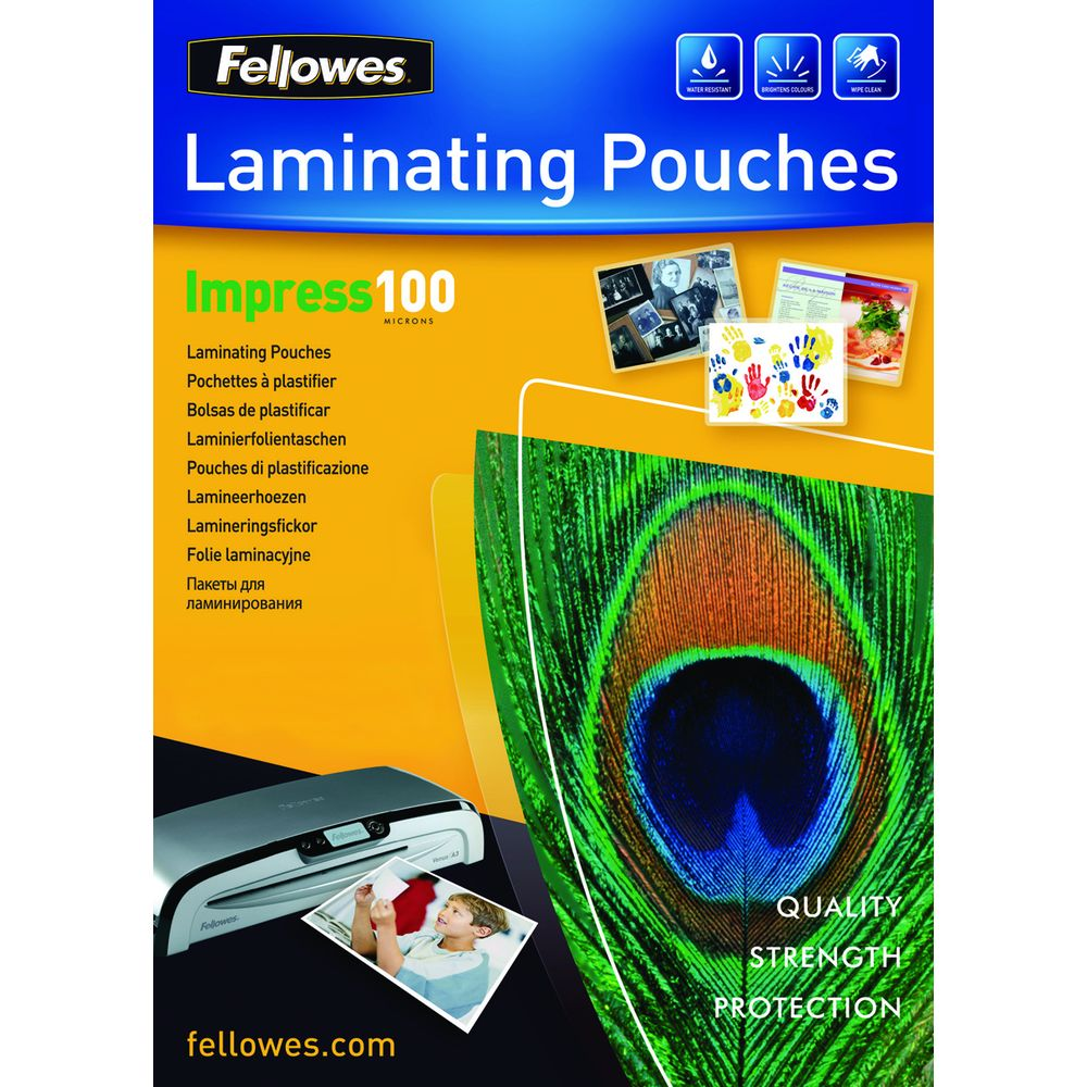 Fellowes Laminierfolien: Produktverpackung mit Pfauenfeder und Laminiergerät.