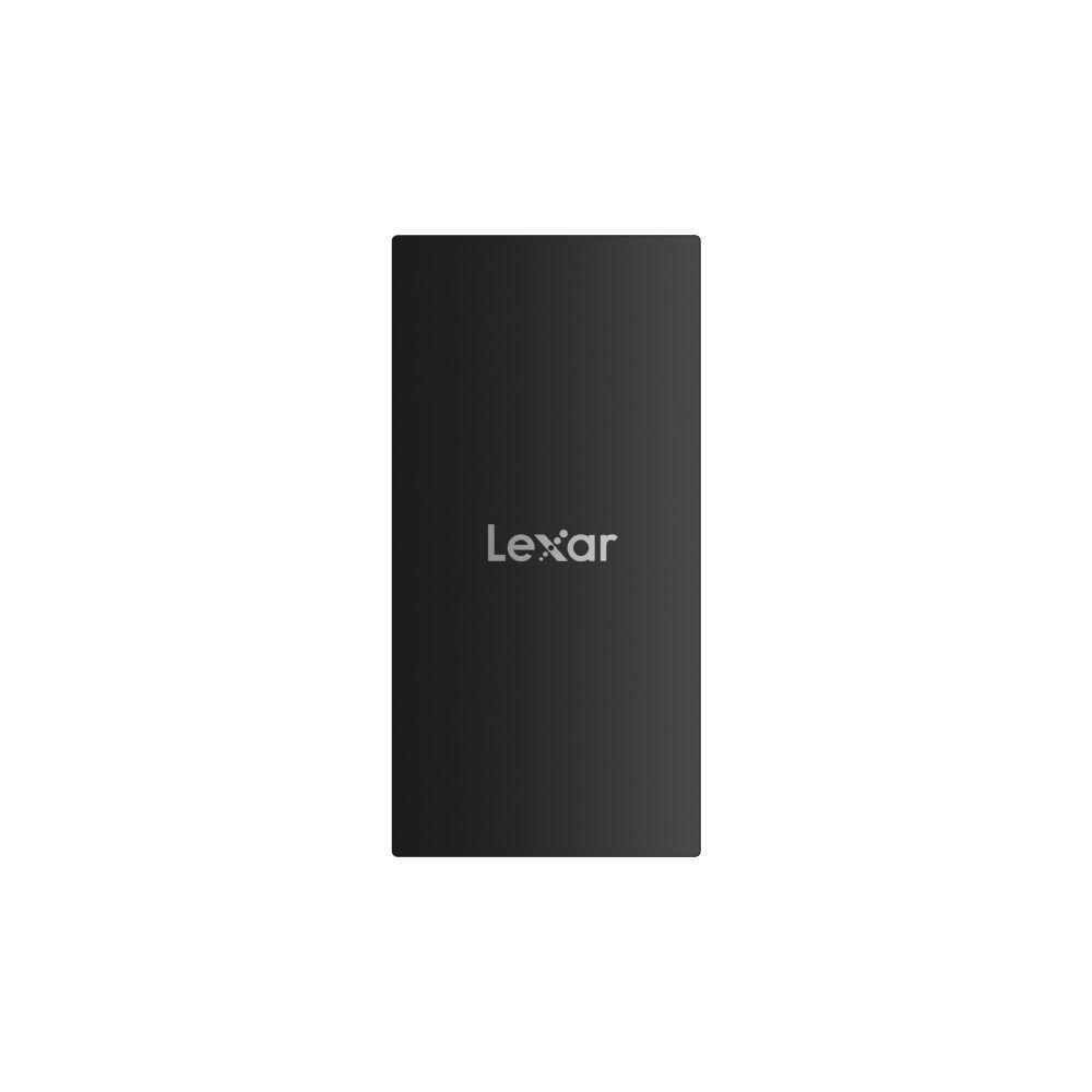 Un'unità USB Lexar rettangolare scura su sfondo bianco.