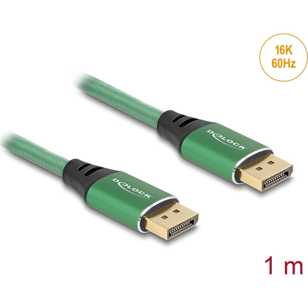 Grünes Delock Kabel mit DisplayPort-Steckern, 1m lang, für 16K 60Hz.