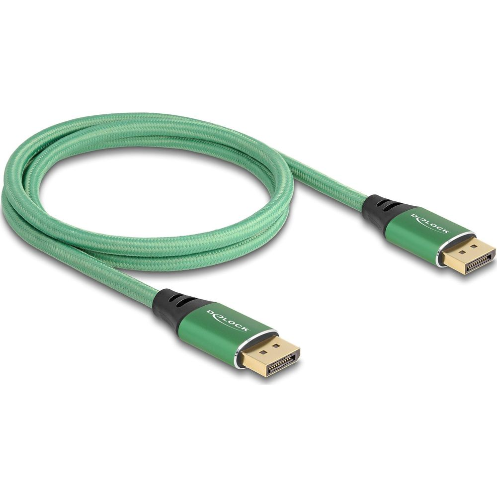 Ein grünes DisplayPort-Kabel mit goldenen Anschlüssen und schwarzem Gehäuse.