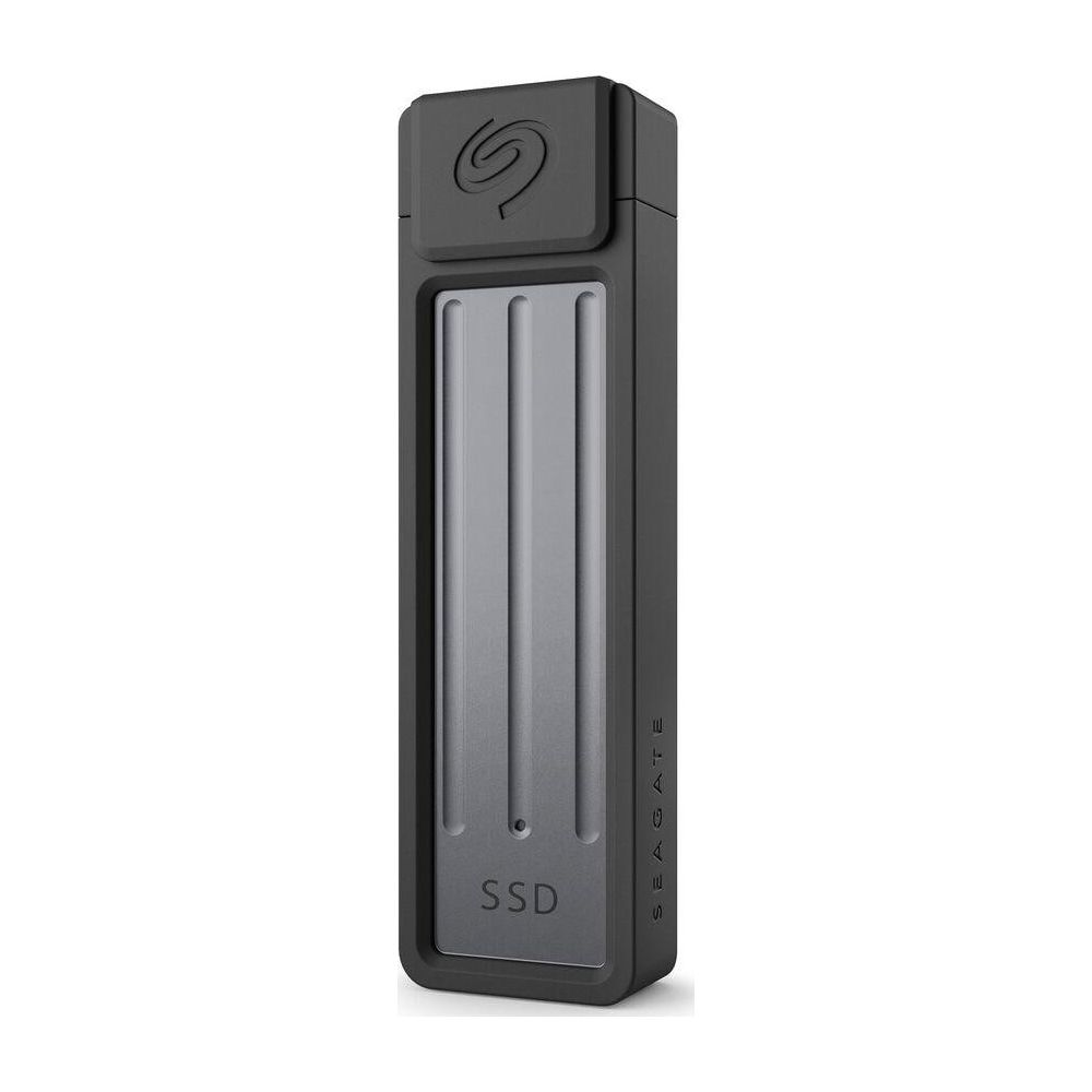 Czarny dysk Seagate SSD z pionowymi rowkami i logo.