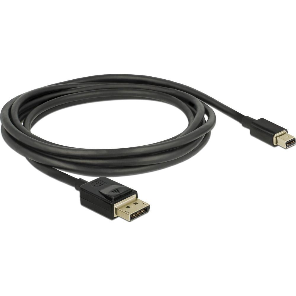 Ein schwarzes DisplayPort-Kabel mit zwei Anschlüssen, auf weißem Hintergrund.