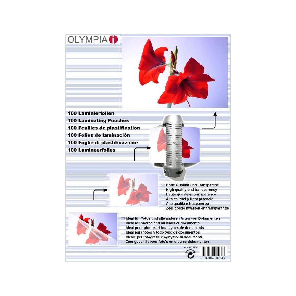 Olympia Logo über rote Blumen und Laminiergerät mit Beispielen.