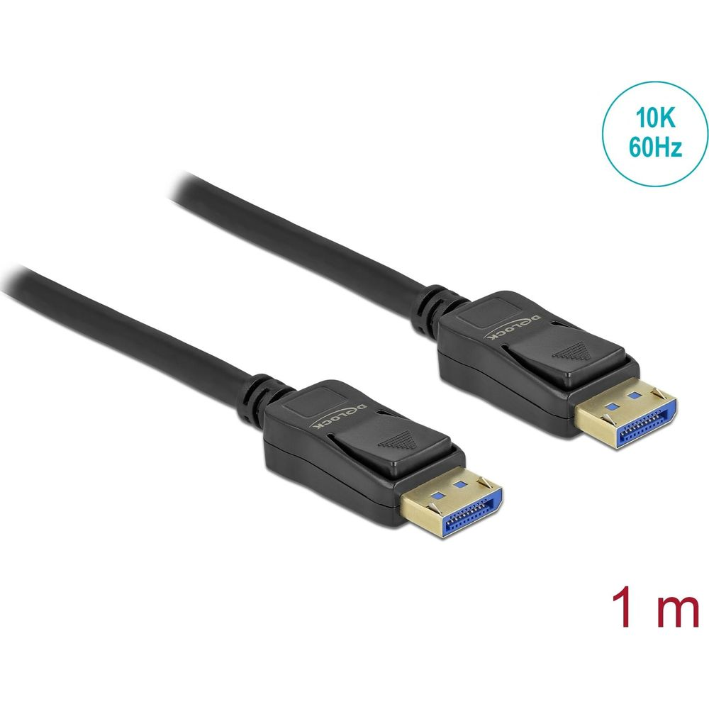 Câble DisplayPort noir avec connecteurs dorés. 1m de long, 10K 60Hz.