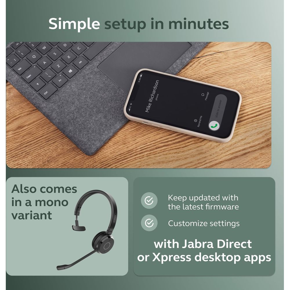 Smartfon pokazuje połączenie przychodzące od Mike Richardson, obok laptopa z szarą klawiaturą.