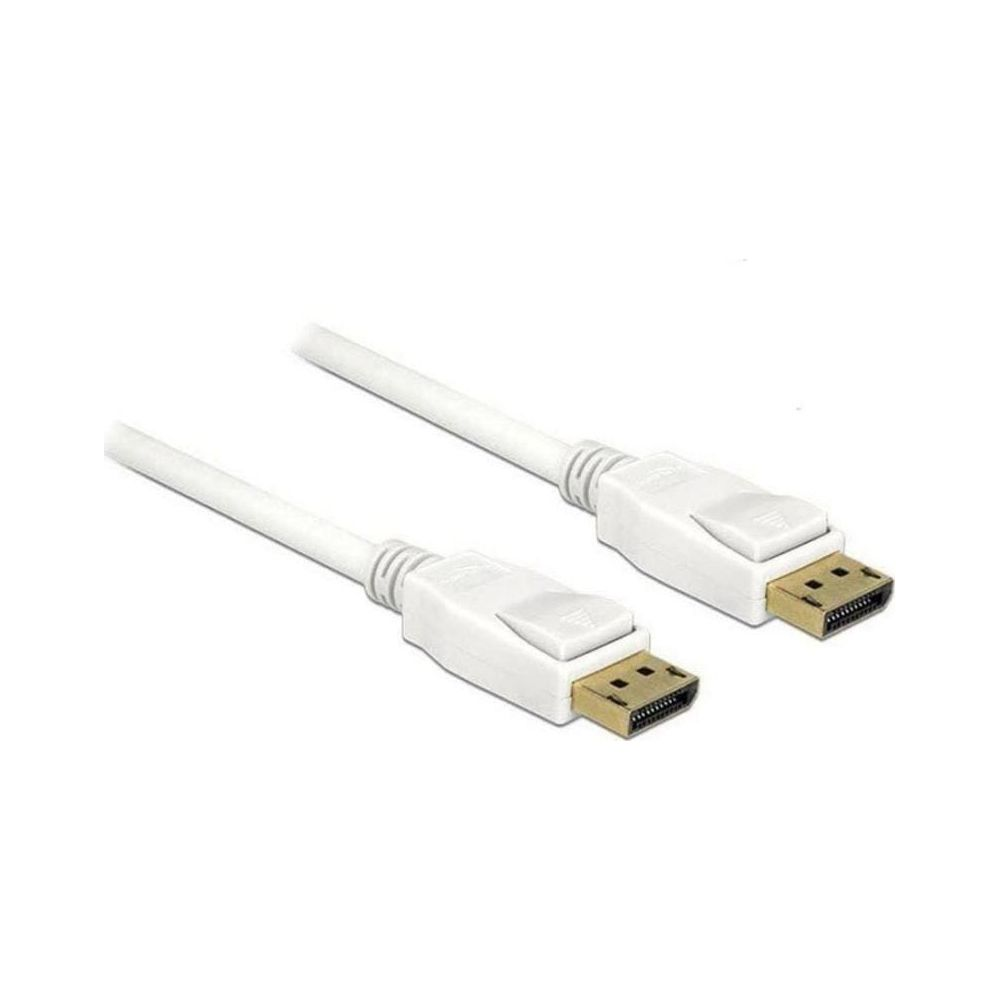 Dwa białe kable DisplayPort ze złotymi złączami leżą obok siebie.