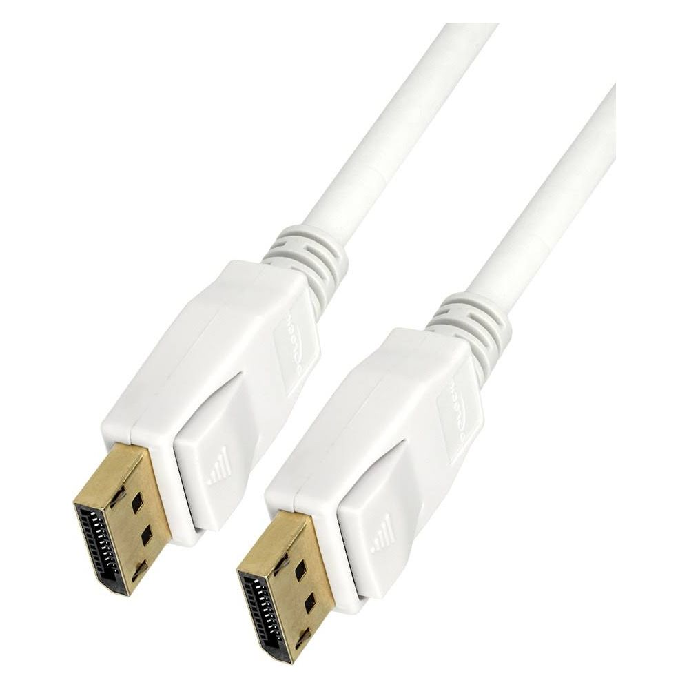 Dwa białe kable DisplayPort ze złotymi złączami na białym tle.