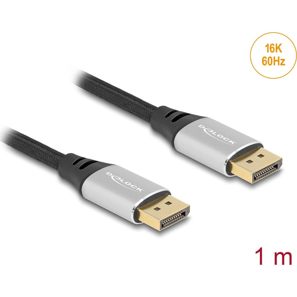 Ein 1m langes DisplayPort-Kabel mit silbernen Steckern und schwarzem Gewebe.