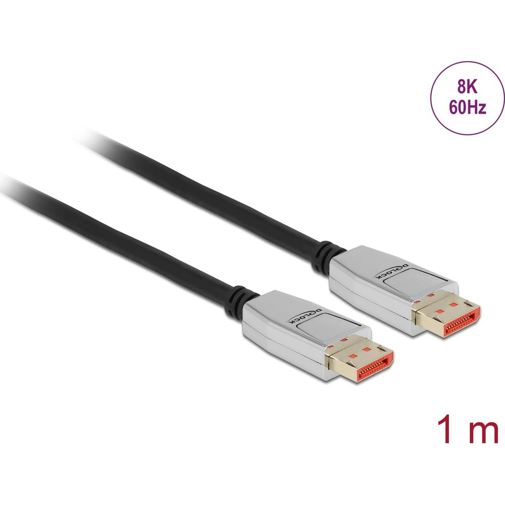Ein schwarzes Kabel mit zwei DisplayPort-Steckern, 1m lang, 8K 60Hz.